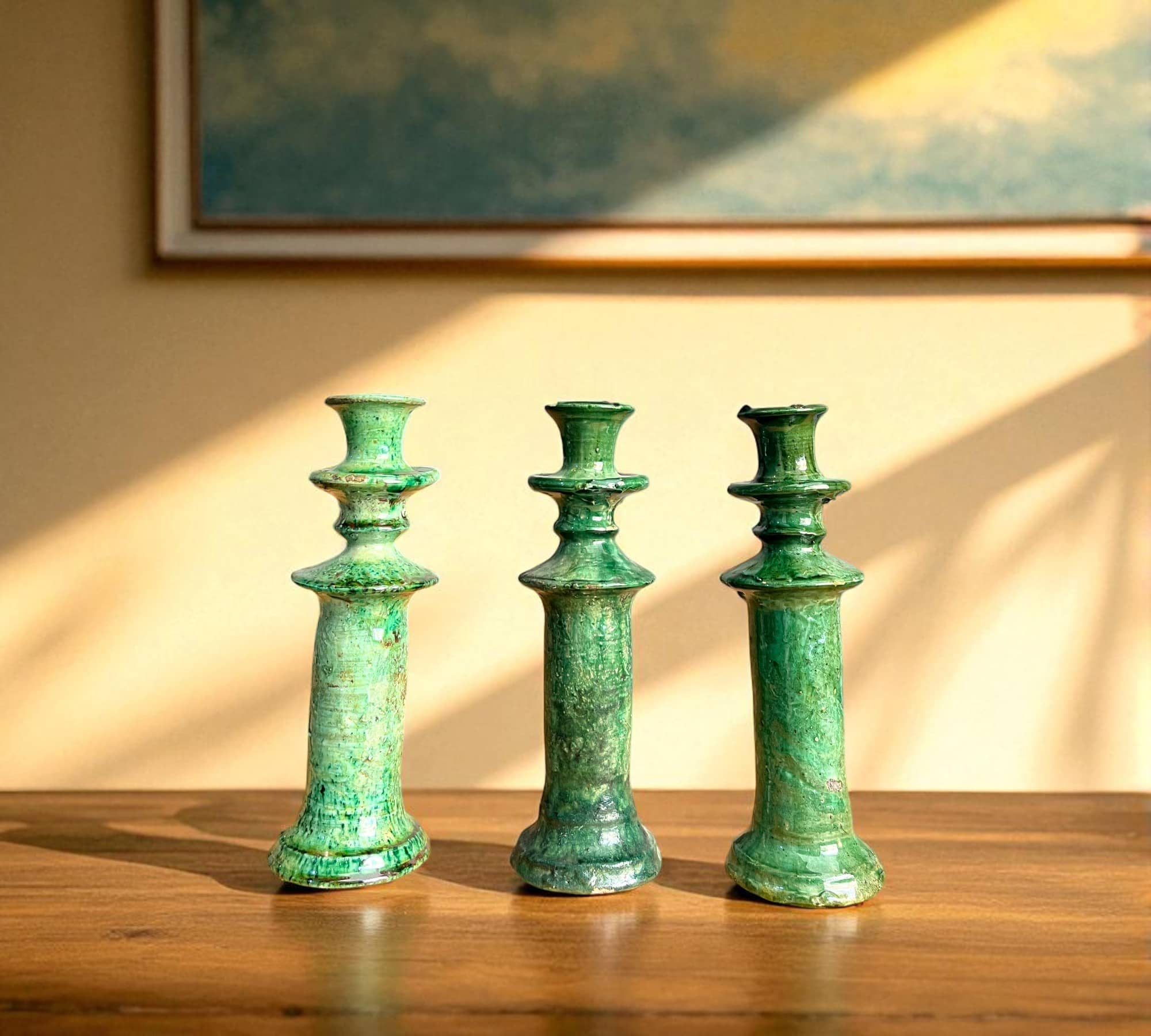 Moroccantastics - Wholesale Candle Holder - Handmade Tamegroute Candleholder Set – Tall Green Moroccan Pottery: Set of 3 Ceramic Glazed Pottery3
