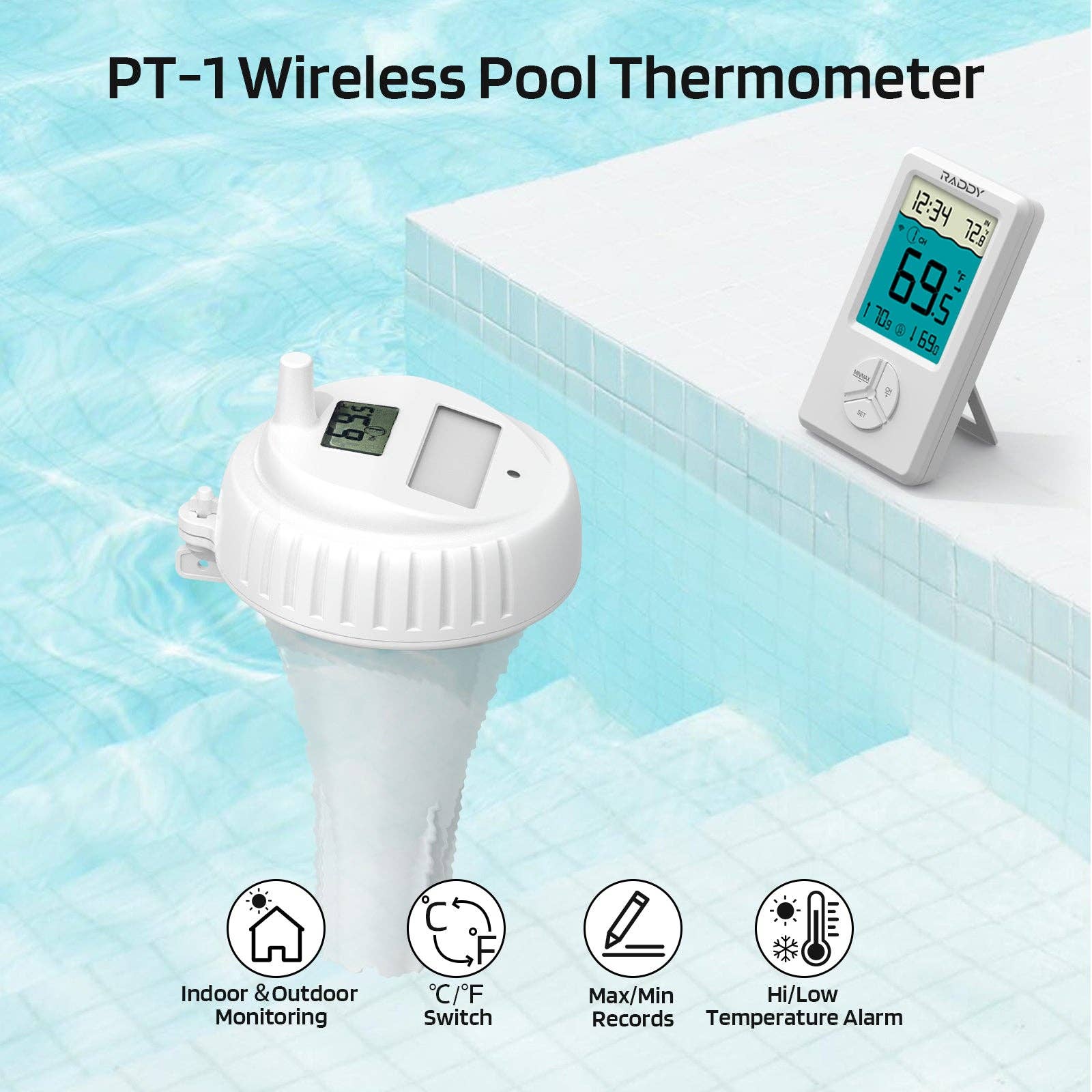 Radioddity - Wholesale Thermometer - Raddy PT-1 Wireless Water Thermometer | Digital Screen | IPX7 Waterproof | for Pools Hot Tubs Pond Bath5