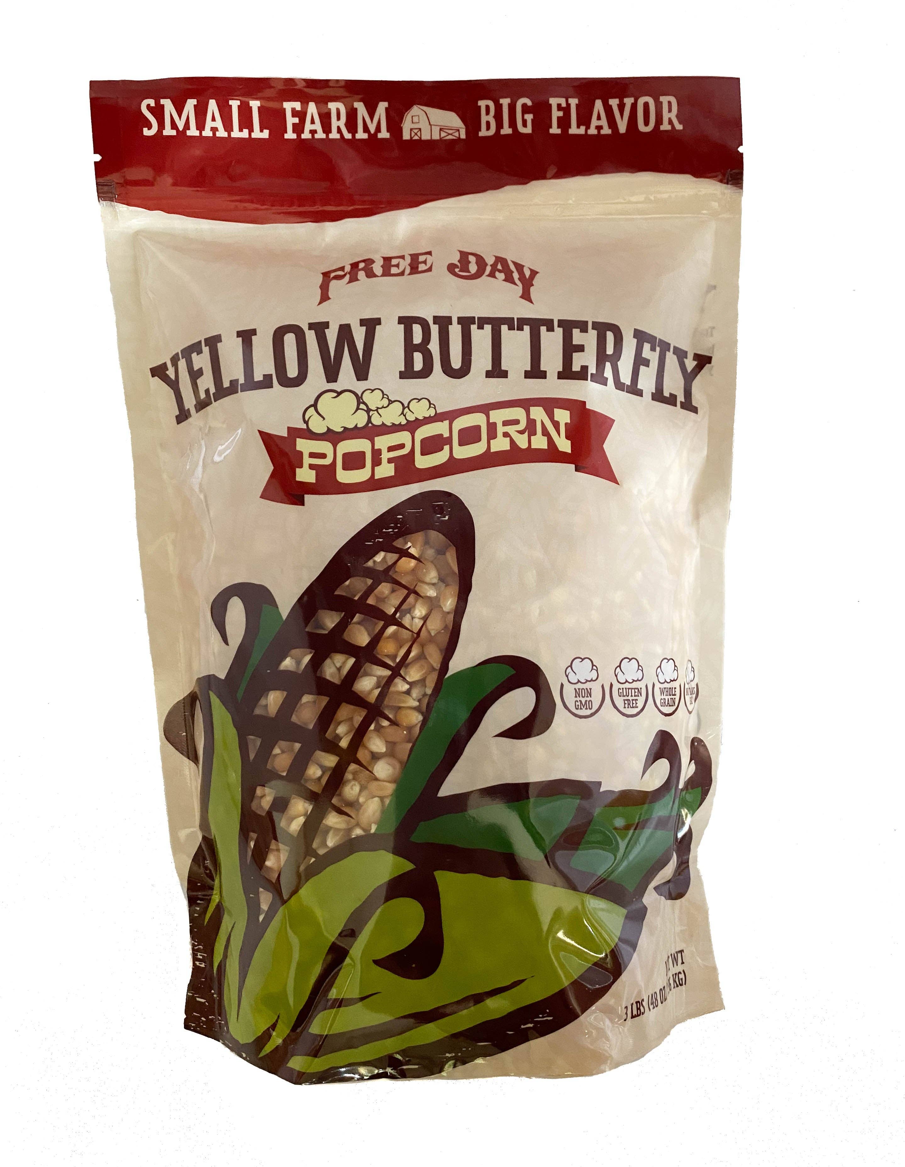 Free Day Popcorn Company - Wholesale Popcorn - Yellow Butterfly Popcorn, 3 lb (48 oz) pouch: Farm Fresh, Non-GMO Popcorn4