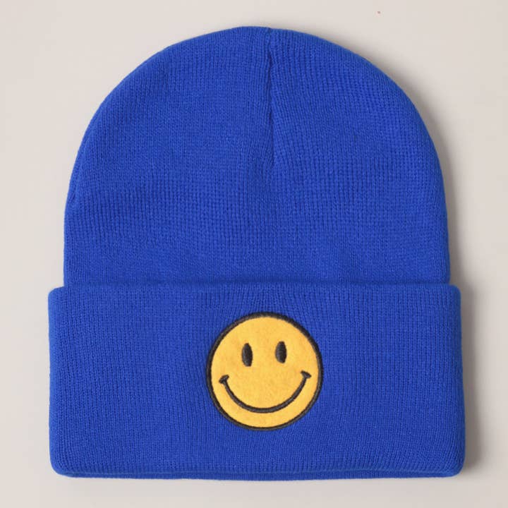 Fashion City - Wholesale Beanie - Women's - Happy Face Patched Ribbed Cuff Beanie2
