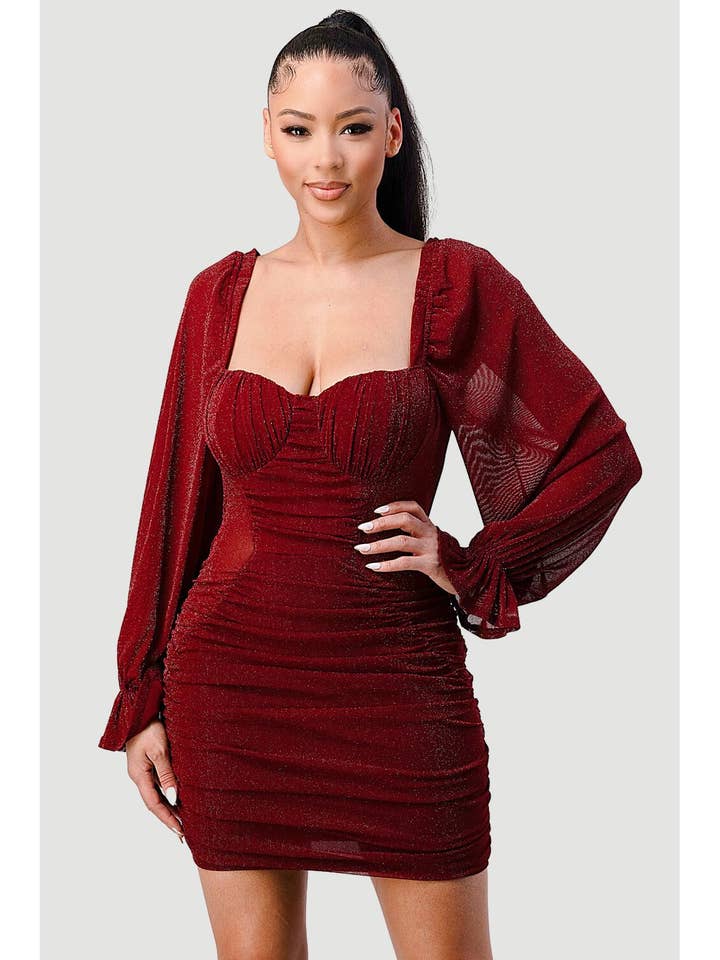 MINIVESTIDO DE MANGA COMPRIDA FRANZIDO COM GLITTER SWEETHEART por atacado de PRIVY