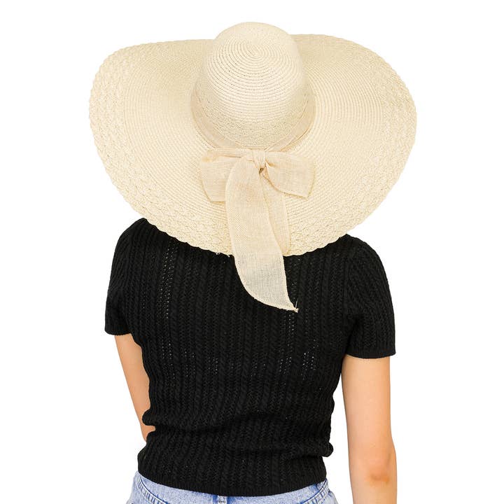 Cap Zone – wholesale Straw hat – women's – Scallop Hem Burlap Chiffon Bow Paper Straw Floppy Sun Hat