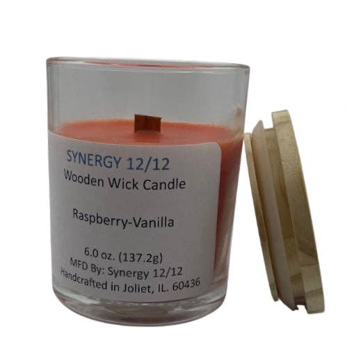 Raspberry-Vanilla Wooden Wick Candle 6.0 oz (137.2g) for wholesale by Synergy 12/12