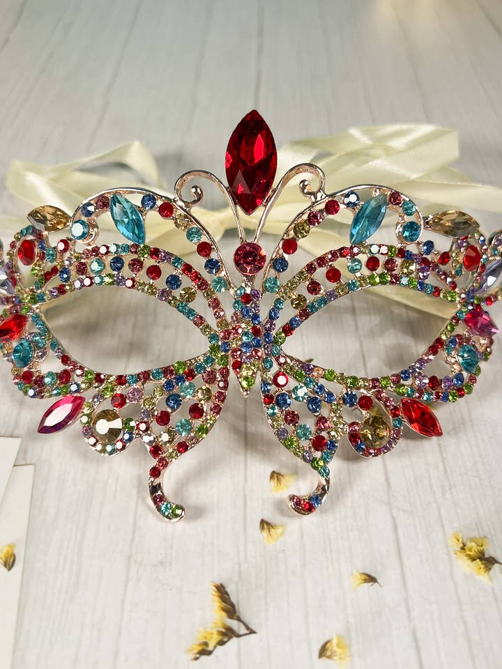 Butterfly Rainbow Masquerade Mask, LGBTQ Parade Gold Mask for wholesale by Happy Dream Gifts