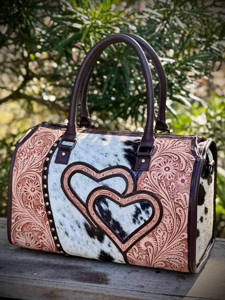 Tooled Leather Cowhide Heart Speedy Bag Western Rodeo NFR for wholesale by Southern Junkie Gypsy Boutique