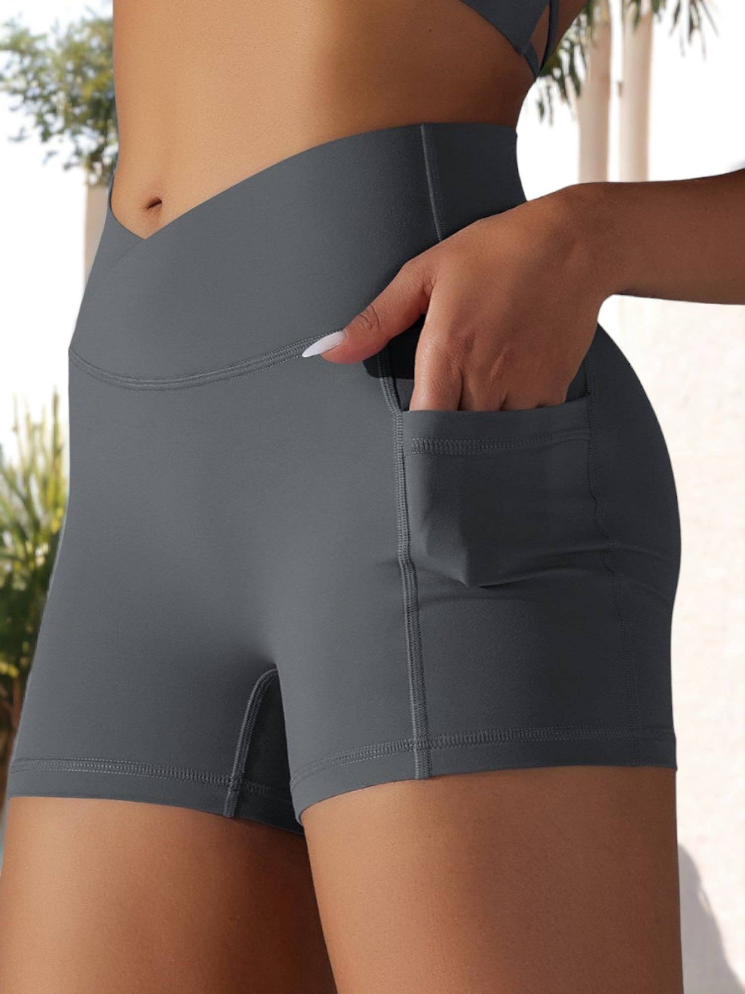 Active by Anna-Kaci - Wholesale Athletic Shorts - Women's - Tight Fitting High Waisted Pocket Sport V-Waist Band Shorts4