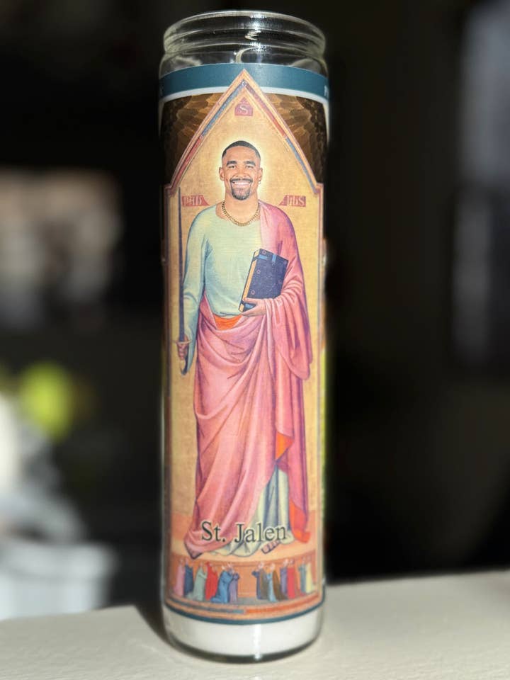 St. Jalen Hurts Gameday Prayer Candle for wholesale by Fan Faithful