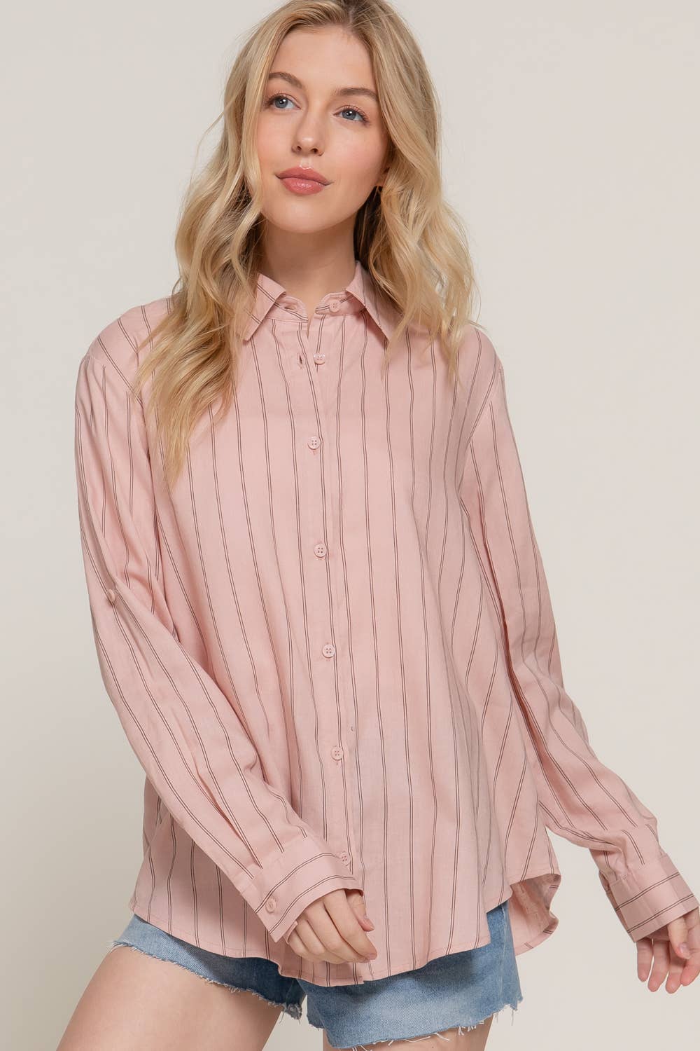 Active Basic | Active USA - Wholesale Button Down Shirt - Women's - Long Sleeve Button Down Stripe Linen Oversized Shirt11