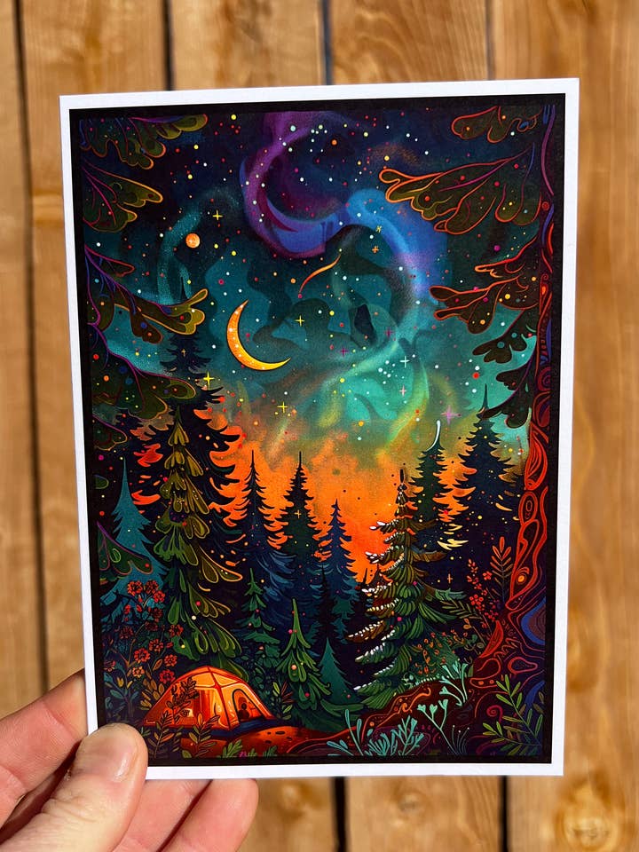 Celestial Aurora Camping Greeting Card - Northern Lights Art for wholesale by Leafy Greeting Cards