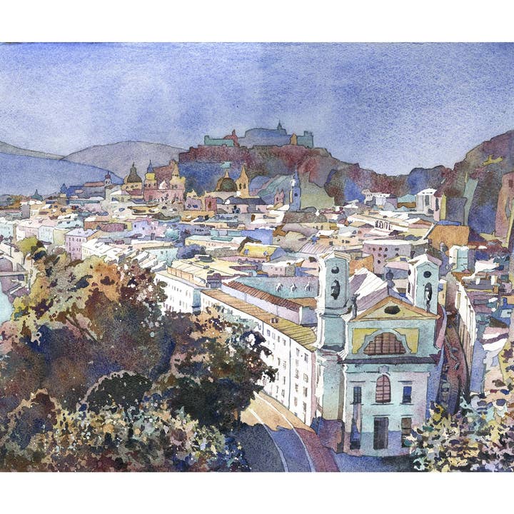 Salzburg Østrig skyline akvarellandskab, trendy vægkunst Østrigsk arkitekturkunst til hjemmet (print) for engroshandel hos Ryan Fox Fine Art