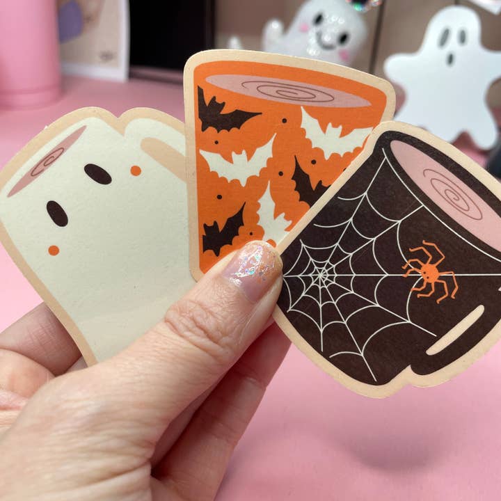 Spooky Coffee Mugs Stickers: Ghost, Bat, Spiderweb Vinyl Sticker for wholesale by Wendy Stephens Art
