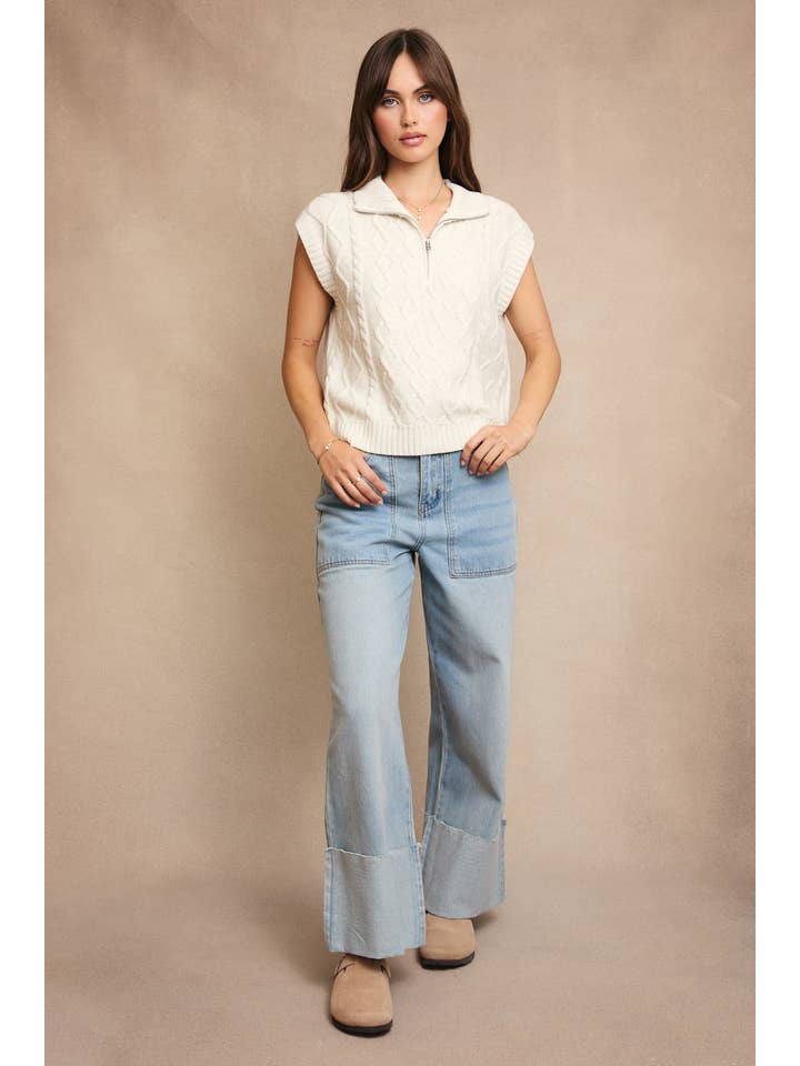 LE LIS - Wholesale Knit Sweater - Women's - HALF ZIPPER SLEEVELESS CABLE SWEATER TOP12