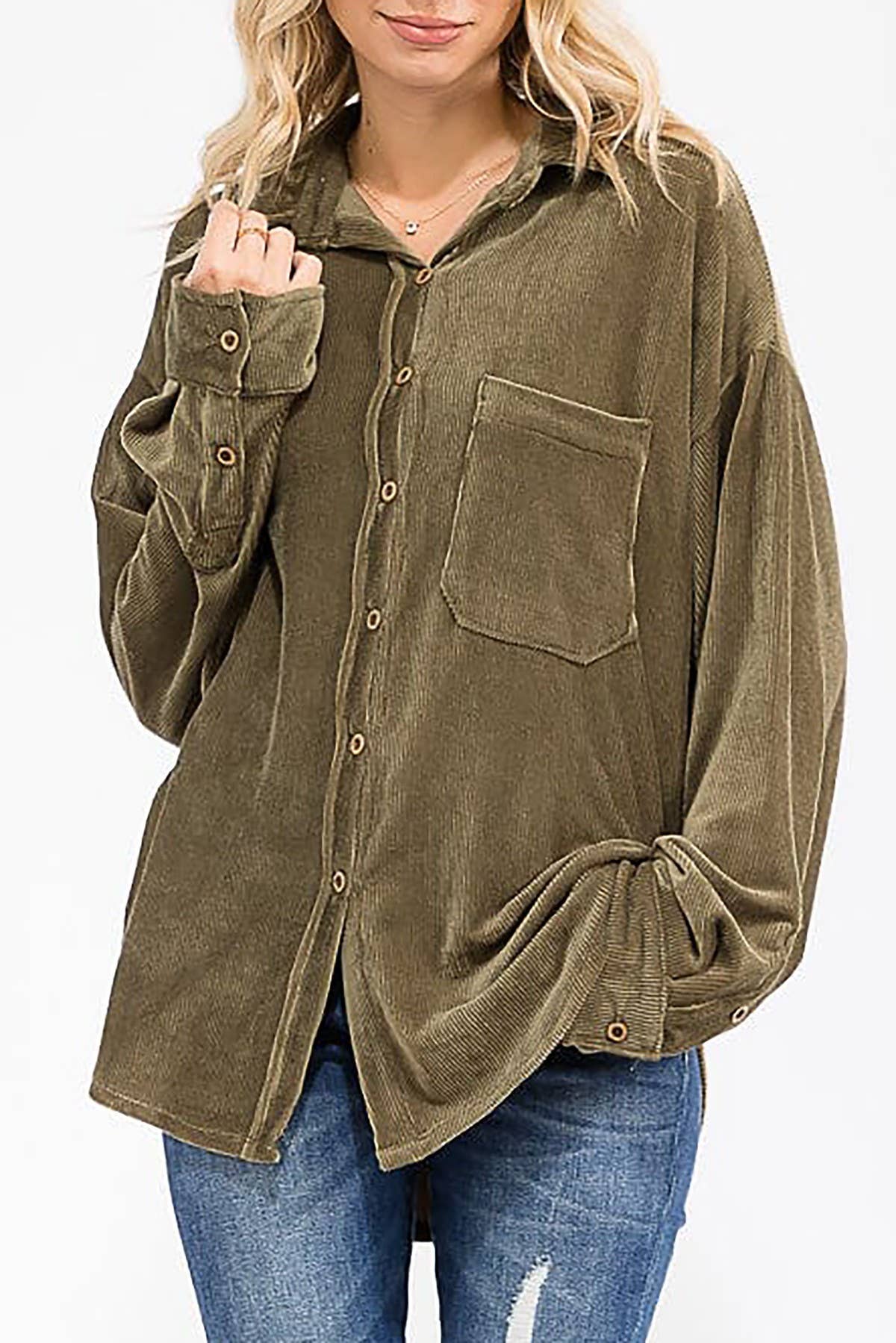 ROUSSEAU - Wholesale Button Down Shirt - Women's - OVERSIZED CORDUROY BUTTON DOWN POCKET FRONT TOP11