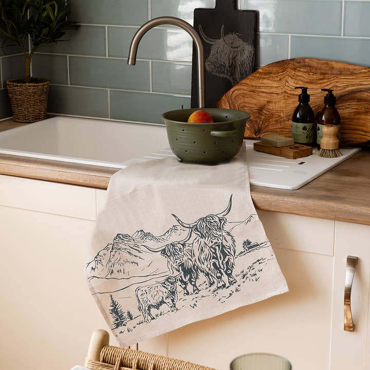 Linen Tea Towel - Scenic Highland Cow for wholesale by Selbrae House Ltd