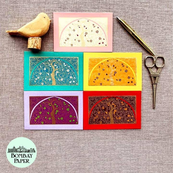 Tree of Abundance - Set of 5 Handmade Paper Greeting Cards for wholesale by Bombay Paper