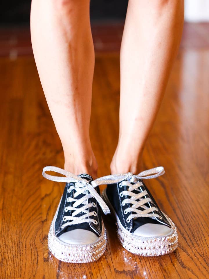 Promenade - Wholesale Lifestyle trainers – Women′s - Black & Silver Studded Canvas Sneakers5