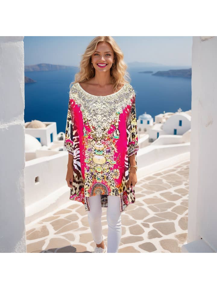 Kaftans that Bling - Wholesale Kaftan – Women's - Garden Delight red Batwing Silk Embellished Hi-low Kaftan/Top2