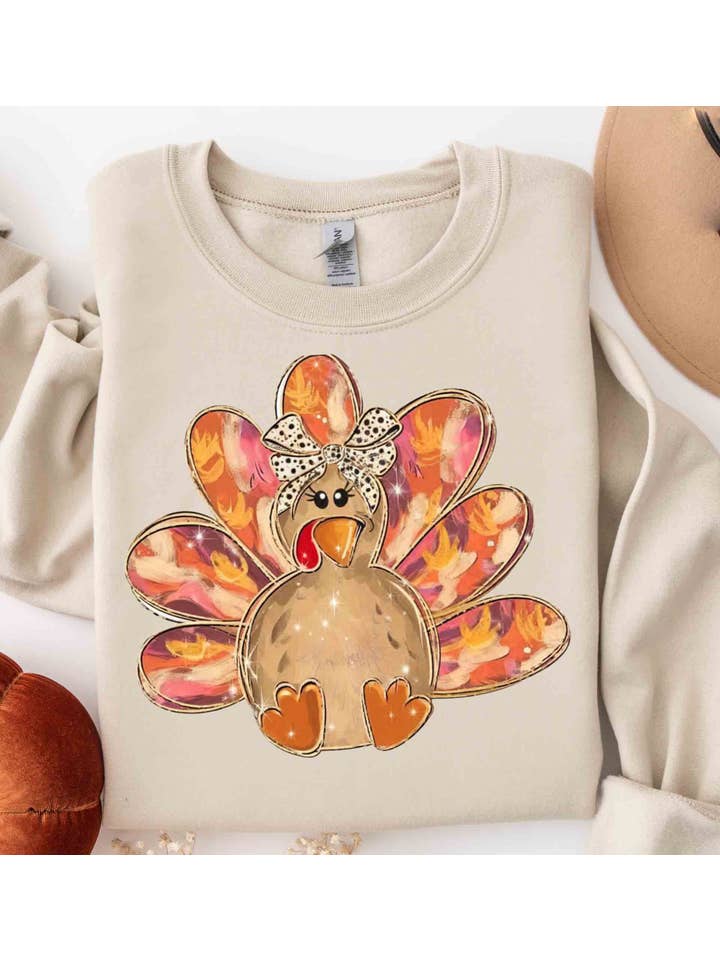 NVC Ecommerce LLC - Wholesale T-Shirt (Graphic) - Women's - Colorful Gold Glitter Turkey Sweatshirt, Thanksgiving Shirt2