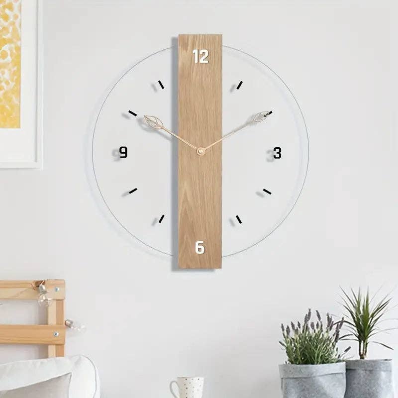 Huis Van Merken - Vendita all'ingrosso Orologi da parete - Orologio da parete silenzioso con foglia in legno e acrilico, senza ticchettio2
