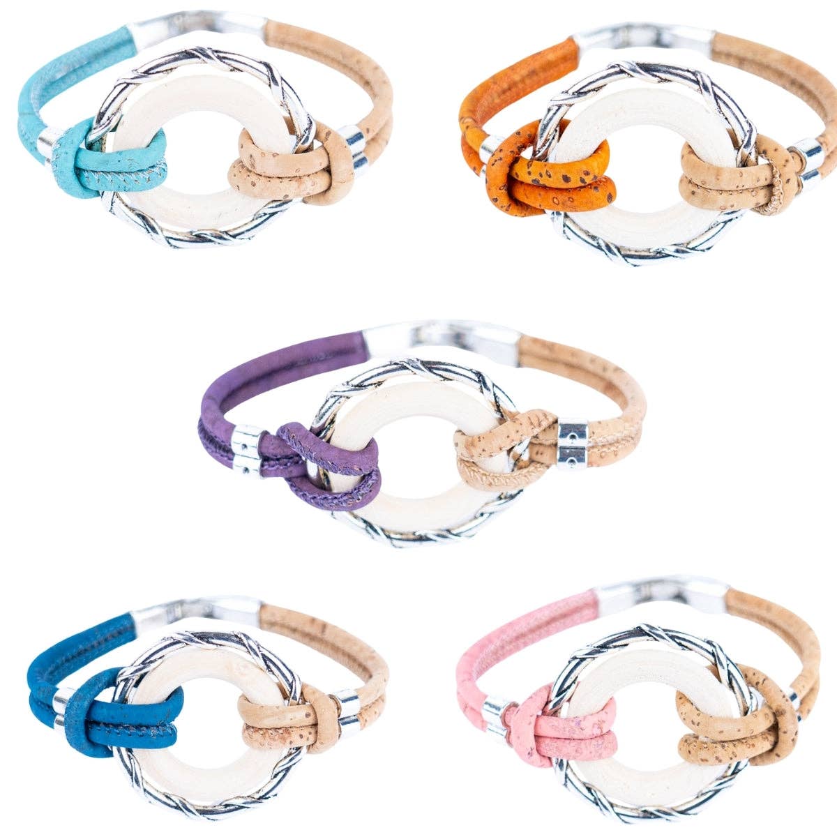 Meninas Bonitas Cork – Pulseira por atacado – Pulseiras femininas feitas à mão com fio de cortiça colorido e anéis de liga e madeira DBR-052-MIX-50