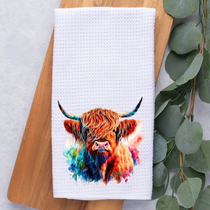 Colorful Highland Cow Head/ Farm Animal / Dish / Hand Towel for wholesale by Dark Horse Dream Designs LLC