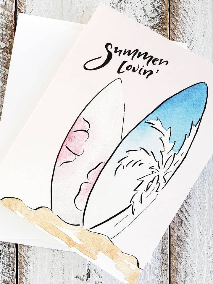 Summer Lovin' Surfboard Greeting Card for wholesale by The Painted Pen
