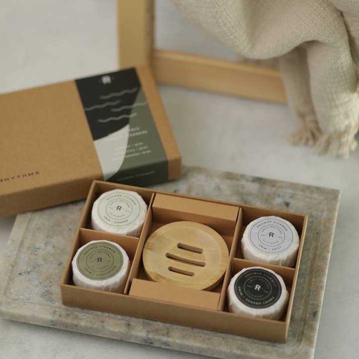 Diffuseurs de douche | Coffret varié avec plateau en bambou | 4 pastilles | Coffret cadeau pour la vente par Daily Rhythms