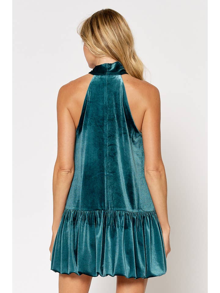 Lalavon - Wholesale Dress - Women's - ILD5091-1Â VELVET HALTER BOW TIE BUBBLE HEM MINI DRESS