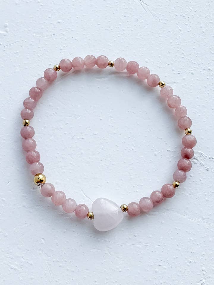 Rose Quartz Puffy Heart Beaded Bracelet for wholesale by Hello Heather