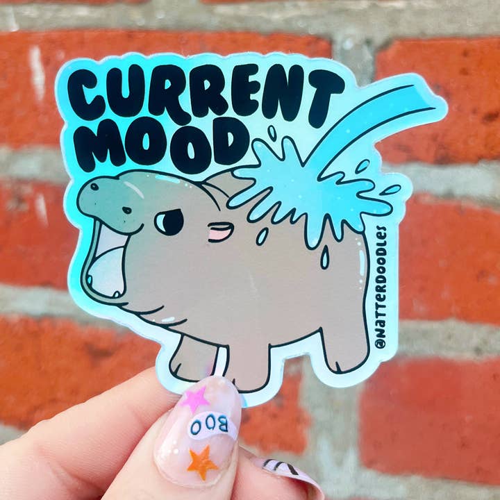 Moo Deng Viral Pygmy Hippo Current Mood Vinyl Holo Sticker for wholesale by NatterDoodle