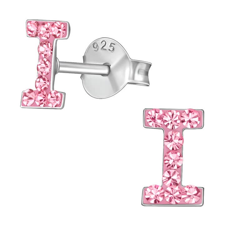 Children's Sterling Silver 'Letter I' Pink Crystal Stud Earrings for wholesale by Liberty Charms