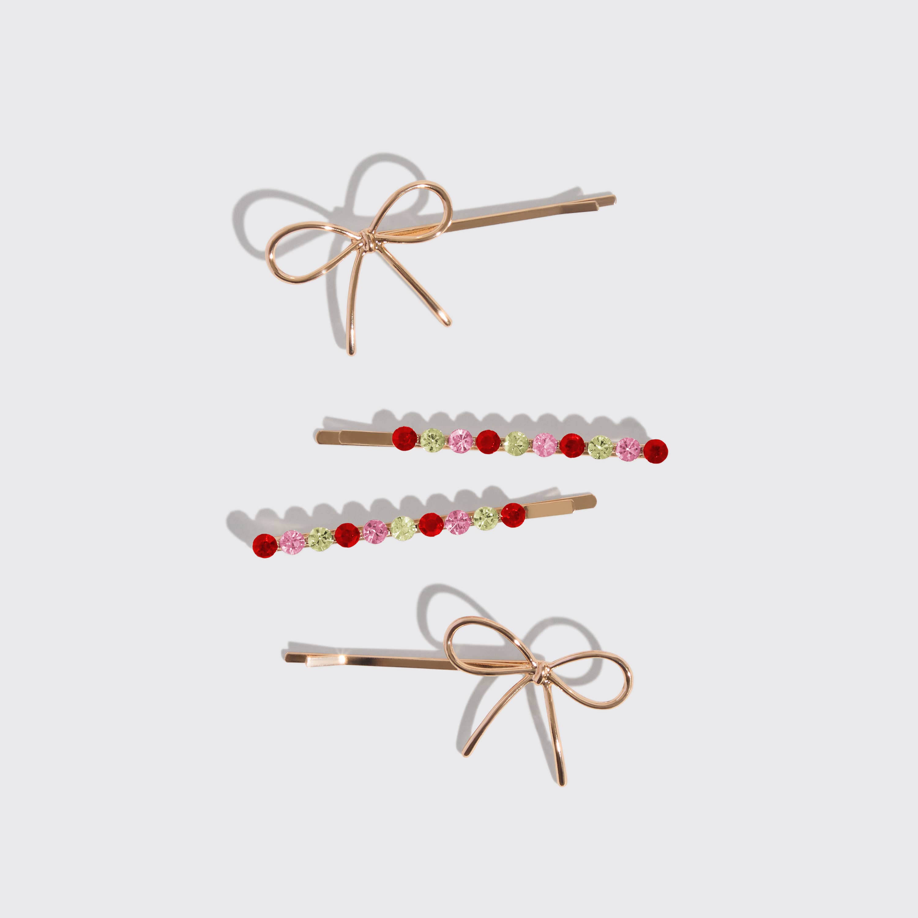 KITSCH - Wholesale Hair Pin - Holiday Gemstone and Bow Bobby Pins 4pc Set1