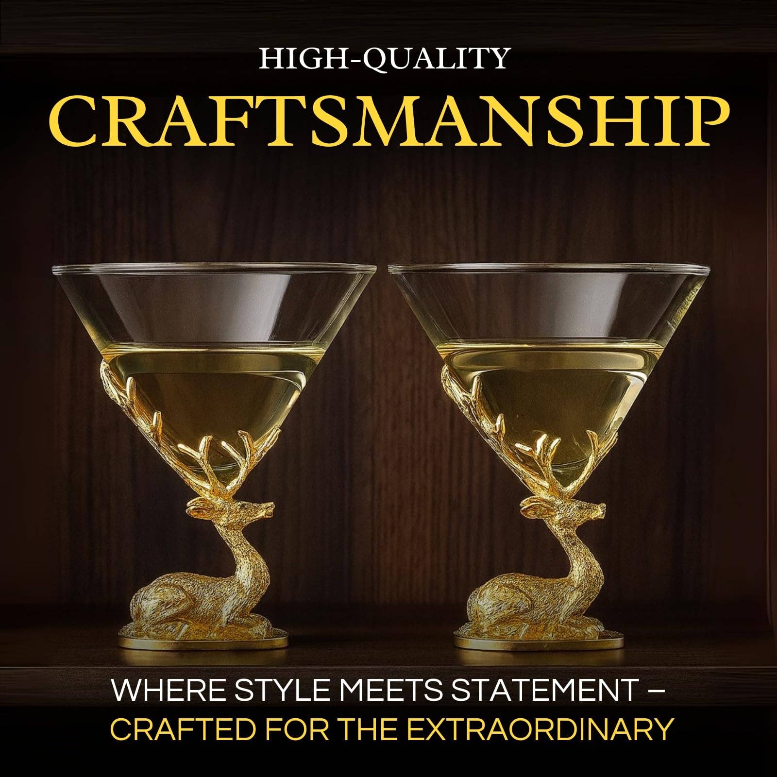The Wine Savant /  Khen Glassware - Vente Verres à cocktail/alcool - Ensemble de 2 verres à cocktail avec bois de cerf, design cerf doré4