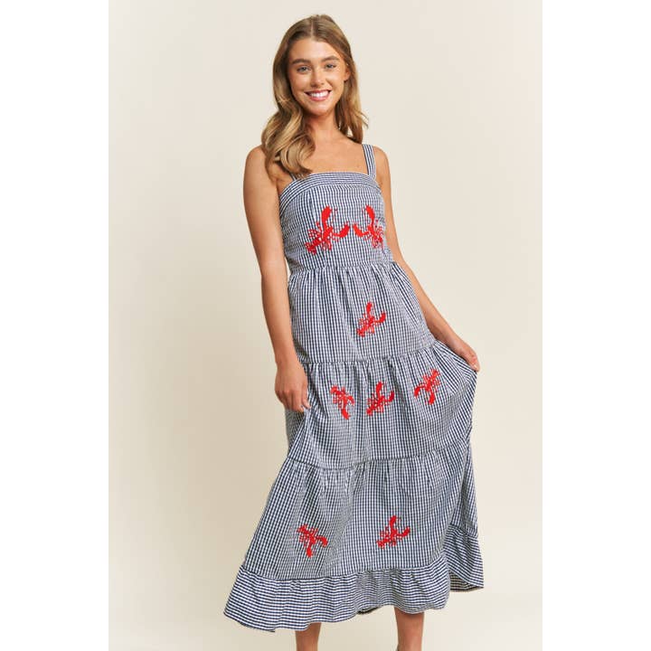 LOVELY ROBSTER EMBROIDERY GINGHAM TANK TIERED MIDI DRESS for wholesale by Sweet Generis