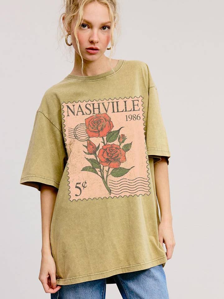 Nashville Postage Stamp Graphic S/S Washed Boyfriend Tee for wholesale by Zutter
