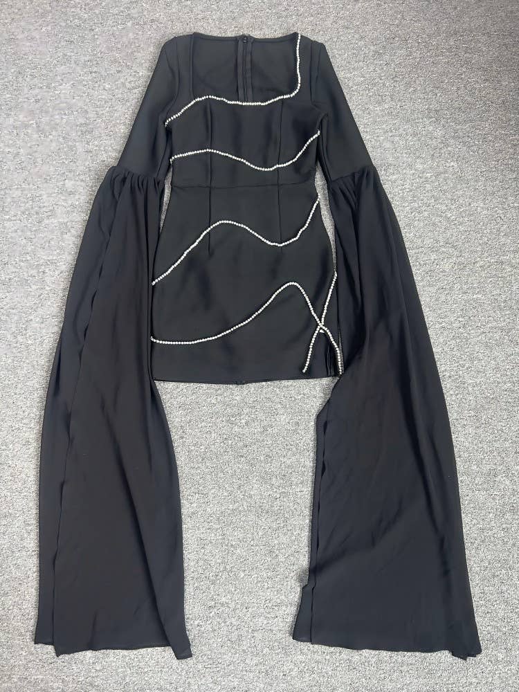 Svart DR364Bandageklänning med diamantkedjeslitsar och lång ärm för wholesale på Faire10