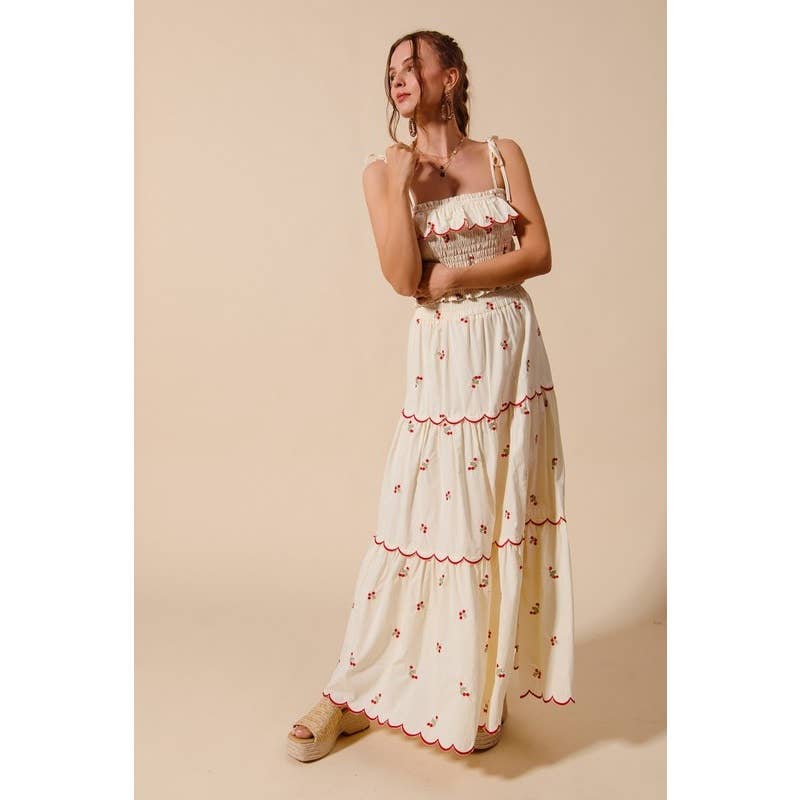 CREAM FLORAL EMBROIDERED SMOCKED TOP ELASTICIZED WAIST for wholesale on Faire5