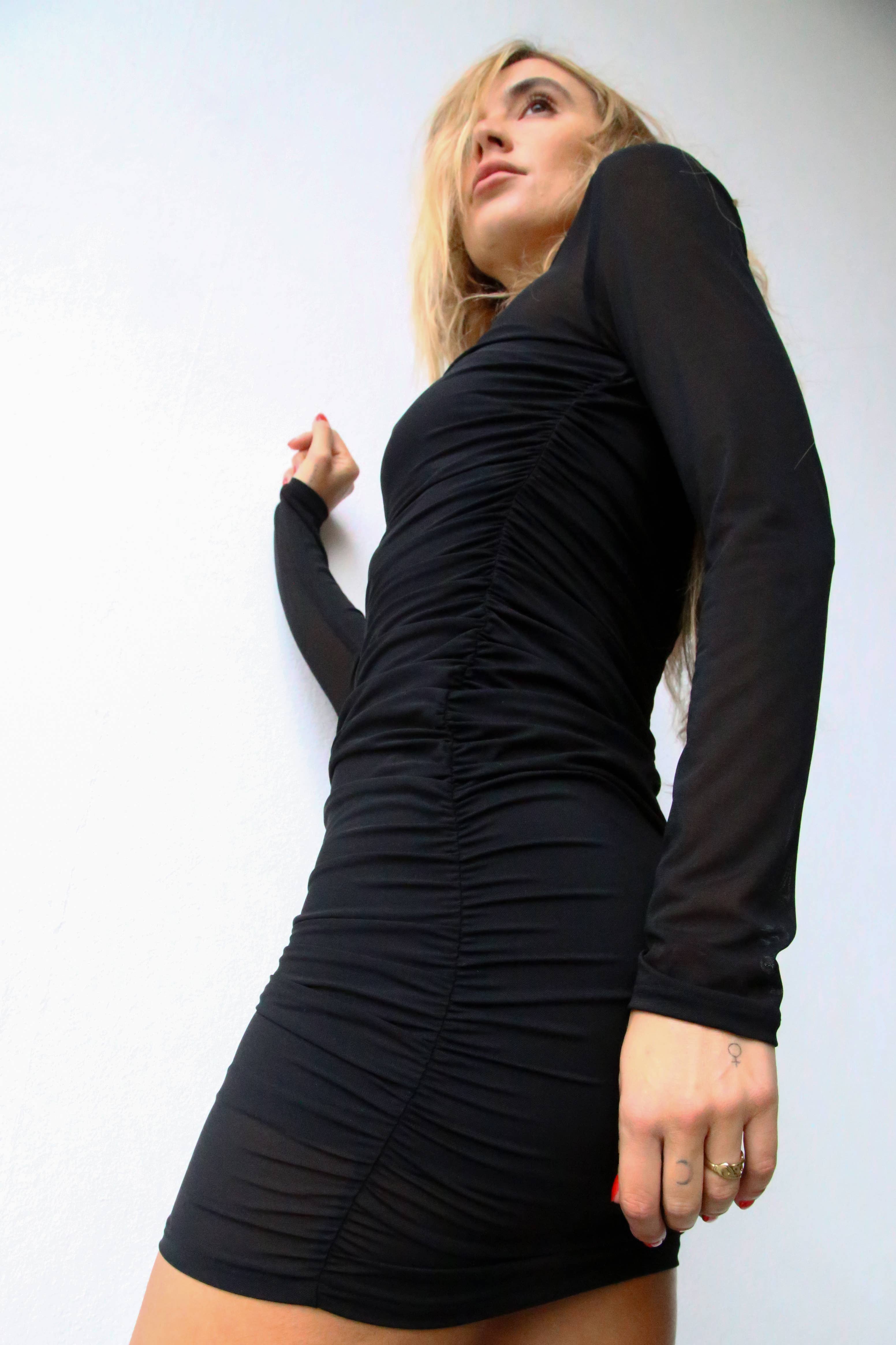 A6080 SHORT GATHERED DRESS LONG SLEEVE BLACK TULLE for wholesale on Faire3