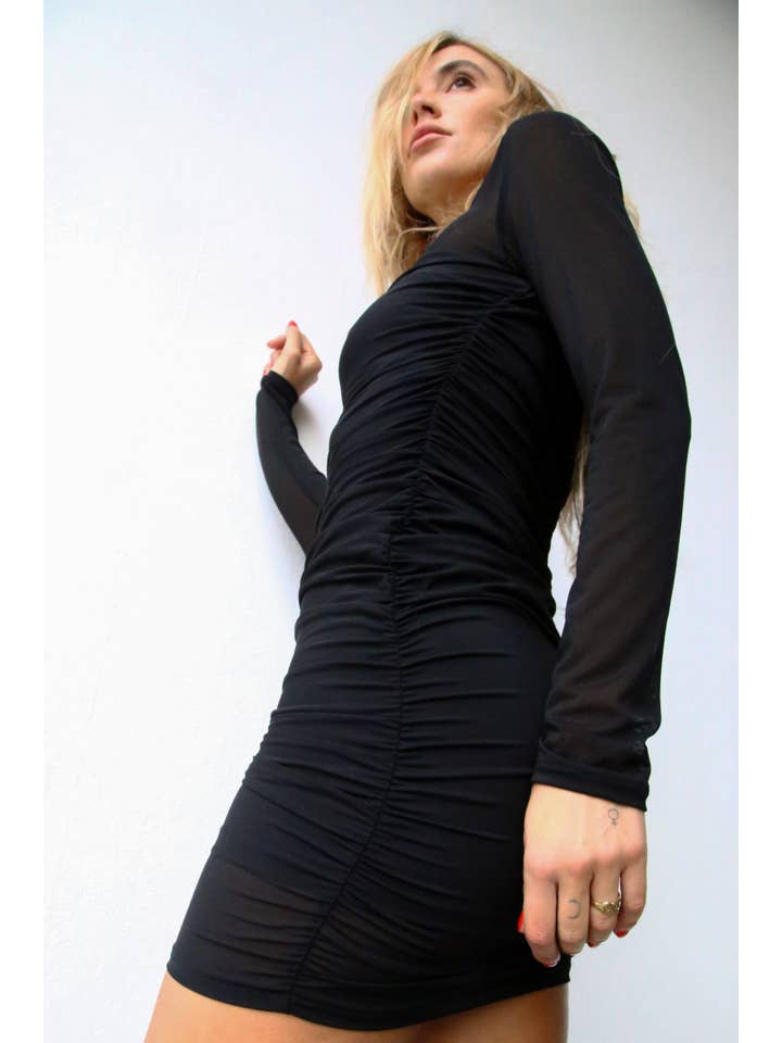 A6080 SHORT GATHERED DRESS LONG SLEEVE BLACK TULLE for wholesale on Faire3