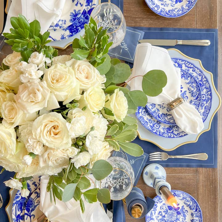 Table Theory (Formerly Toasting with Tara) – wholesale Disposable napkin – Cotton Cocktail Napkin Roll: Mystic Blue - White "Cheers"6