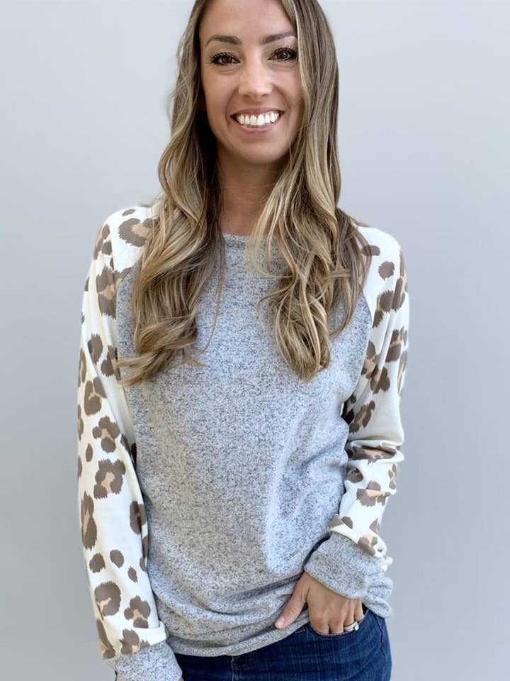 gray round neck leopard long sleeve top for wholesale by Fashion Combination