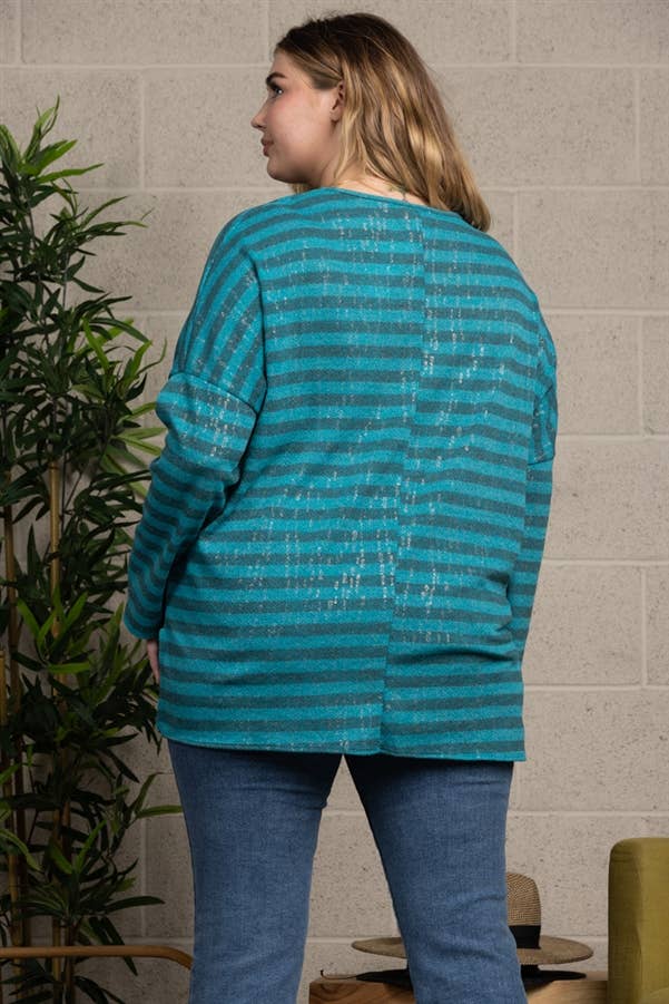 OCEAN BLUE STRIPPED & SPARKLED ALL OVER PLUS SIZE TOP for wholesale on Faire2