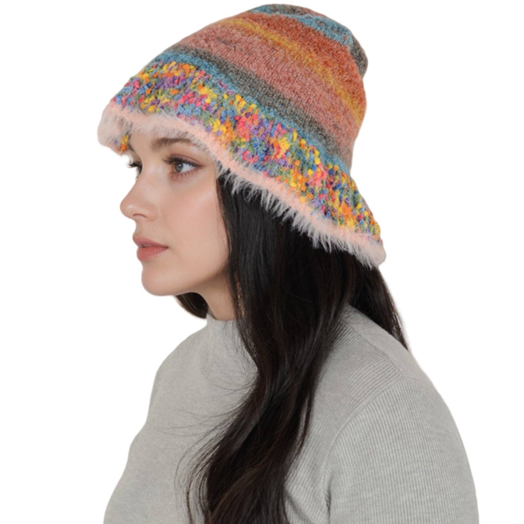 AK Brand – wholesale Bucket hat – Women's – Colorful Striped Knit Bucket Hat Fluffy Winter Fisherman Hat9