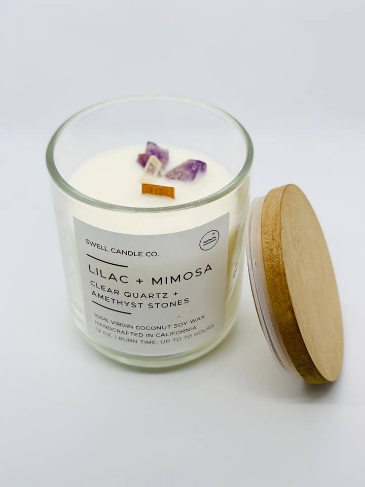 Lilac + Mimosa, Amethyst + Clear Quartz Coconut Soy Candle for wholesale by Swell Candle Co