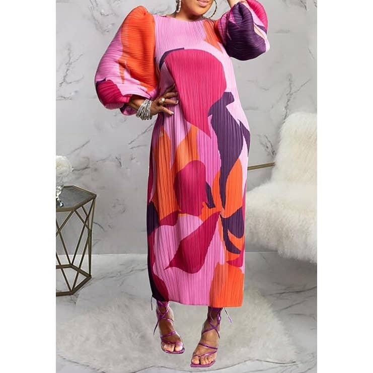 DORCAS – Großhandel Kleid – Damen – Buntes Maxikleid mit Puffärmeln und Faltenrock6