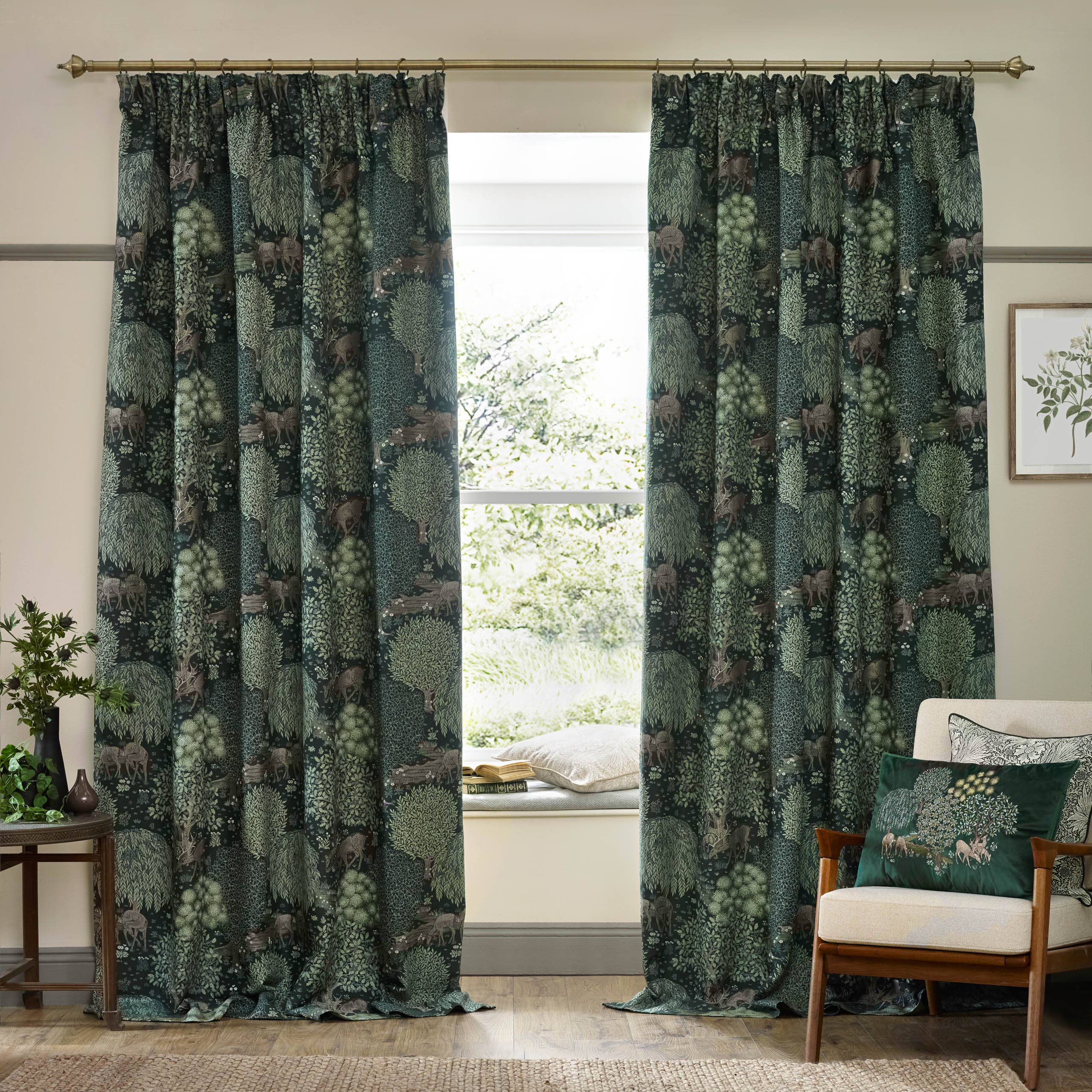 Brook Woodland Jacquard Pencil Pleat Curtains Forest Green for wholesale on Faire1