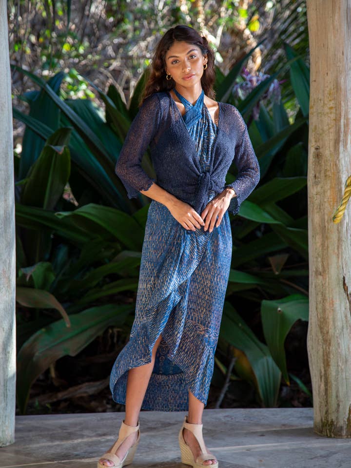 Summer Knit Sheer Cardigan Bolero Shrug Cover in Midnight Bl for wholesale by Bali Prema