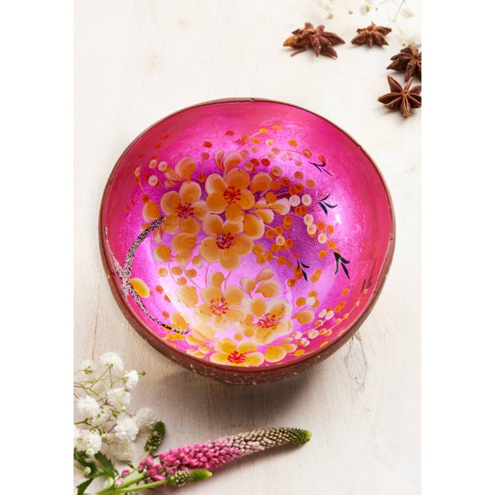 Namaste - Wholesale Decorative Plate/Dish/Bowl - Coconut Bowl With Flowers
