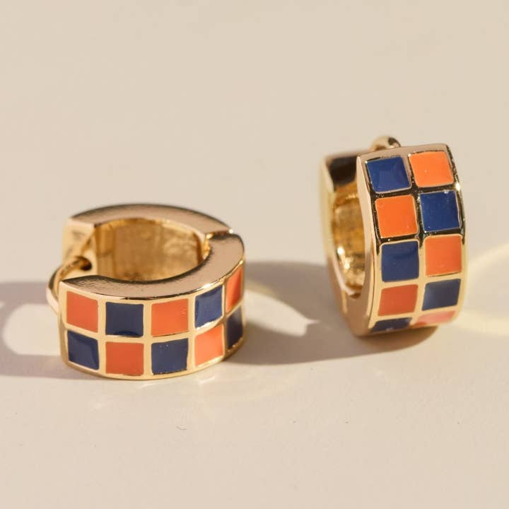 Blue & Orange Checkered Enamel Huggies for wholesale by Nickel and Suede