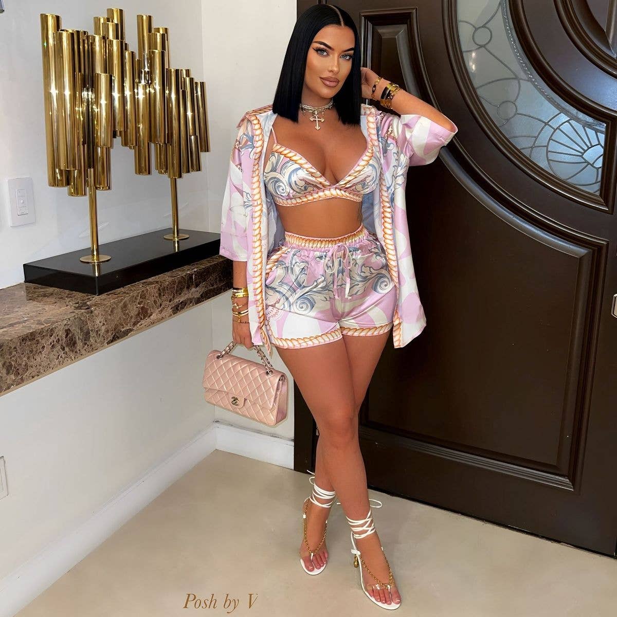 SALINA TRADING INC - Venta al por mayor Conjuntos de top y pantalón corto (NO para estar en casa) - Mujer - Conjunto de moda casual para mujer con estampado y top corto2